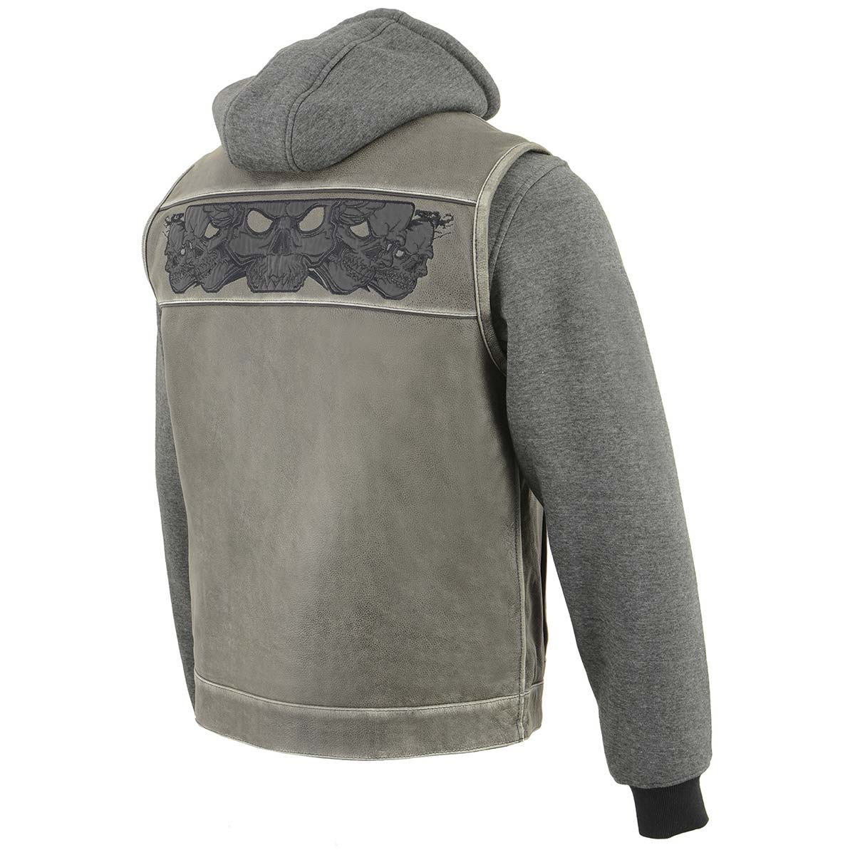 Milwaukee Leather MLM3562 Men's Hell Raiser 2 in 1 Distress Grey Leather Vest w/ Removeable Hoodie - Reflective Skull Artwork — image 12