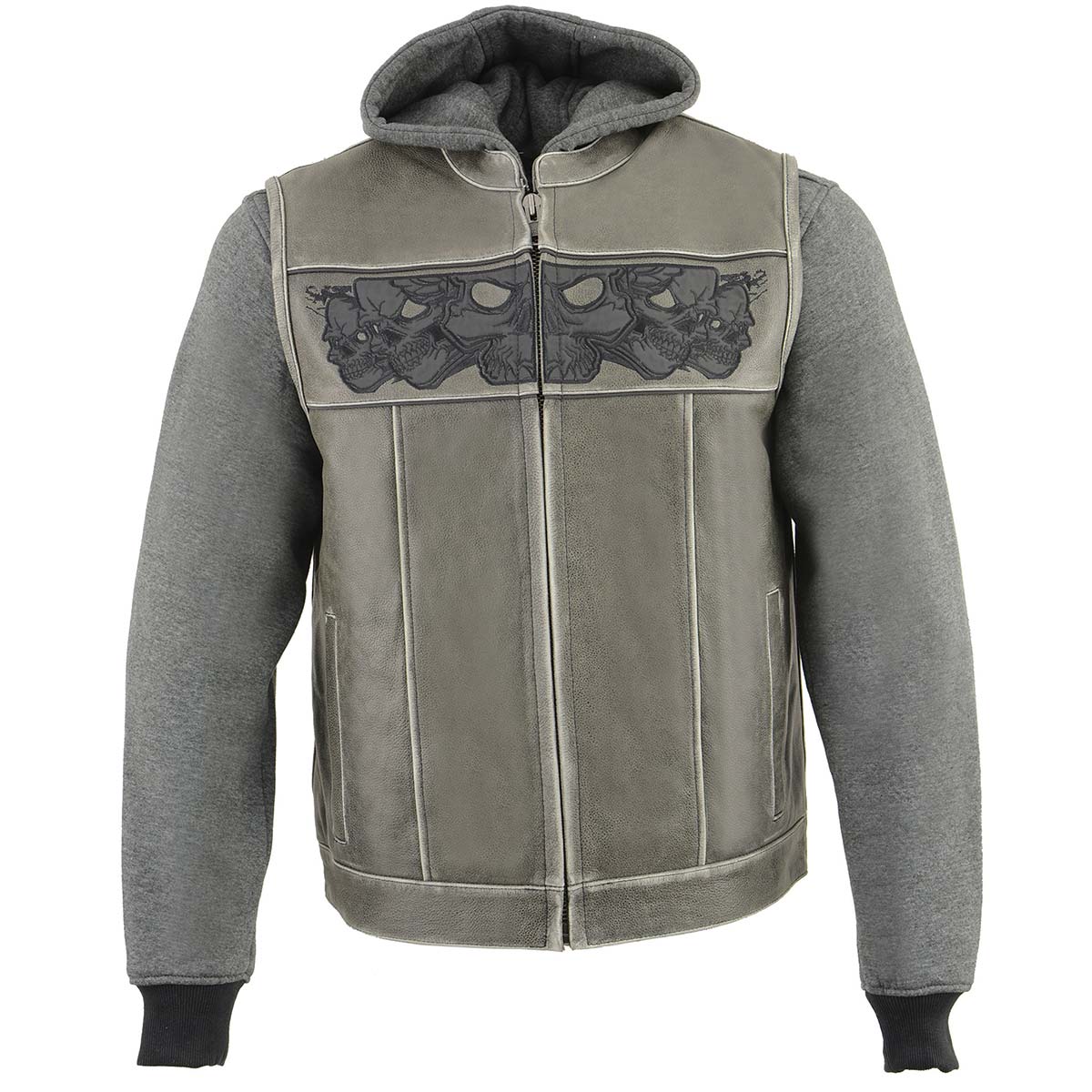 Milwaukee Leather MLM3562 Men's Hell Raiser 2 in 1 Distress Grey Leather Vest w/ Removeable Hoodie - Reflective Skull Artwork — image 10
