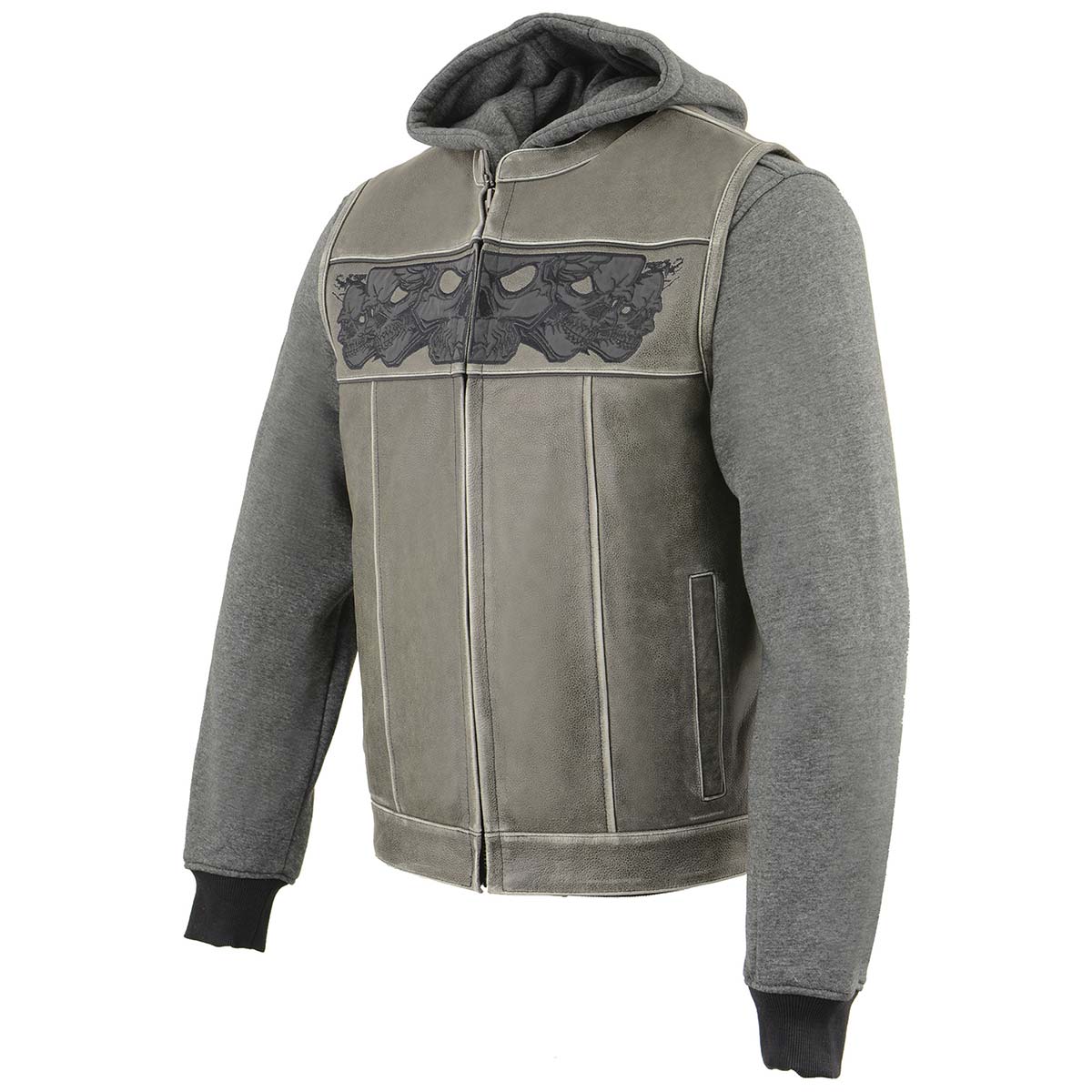 Milwaukee Leather MLM3562 Men's Hell Raiser 2 in 1 Distress Grey Leather Vest w/ Removeable Hoodie - Reflective Skull Artwork — image 11