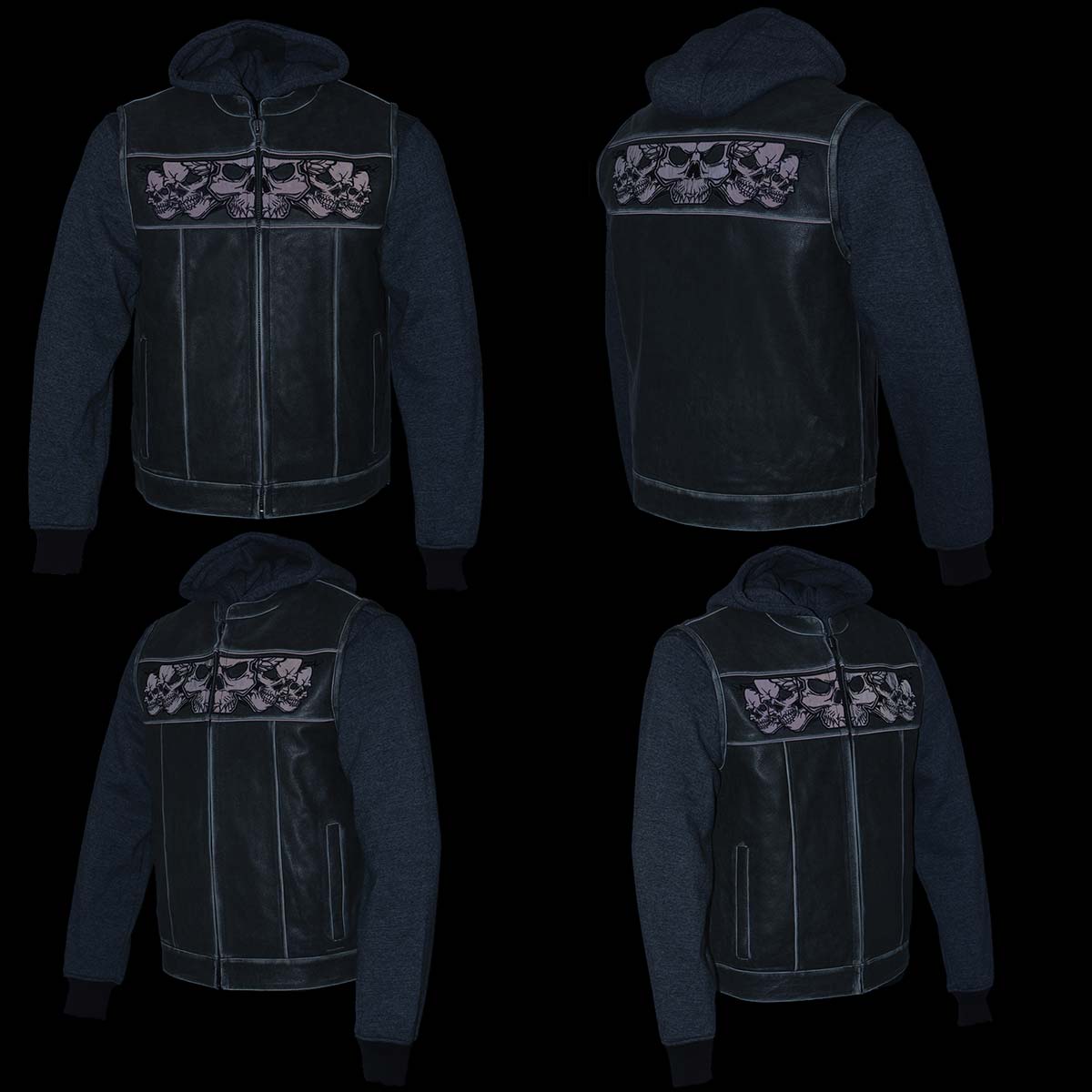 Milwaukee Leather MLM3562 Men's Hell Raiser 2 in 1 Distress Grey Leather Vest w/ Removeable Hoodie - Reflective Skull Artwork — image 7