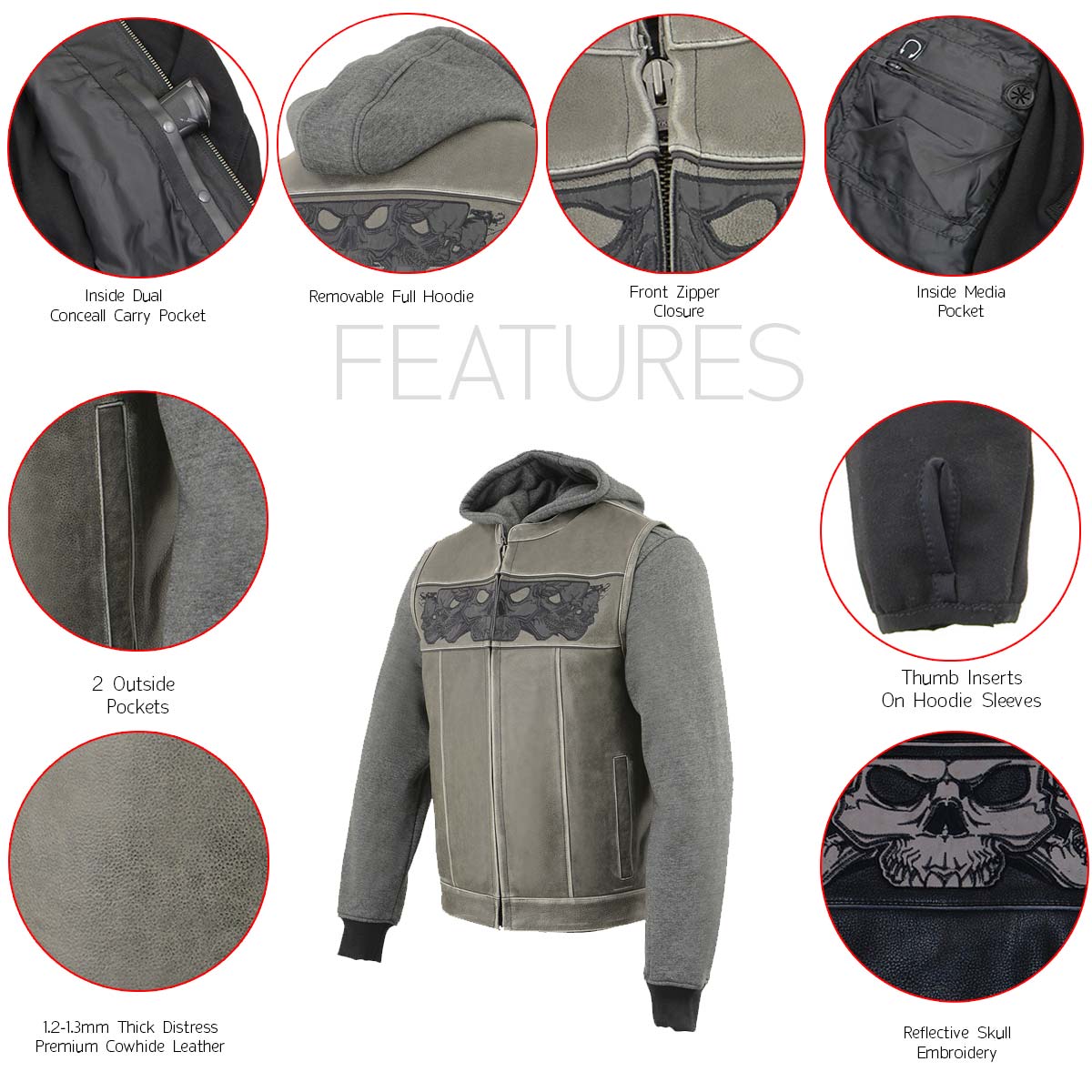 Milwaukee Leather MLM3562 Men's Hell Raiser 2 in 1 Distress Grey Leather Vest w/ Removeable Hoodie - Reflective Skull Artwork — image 6