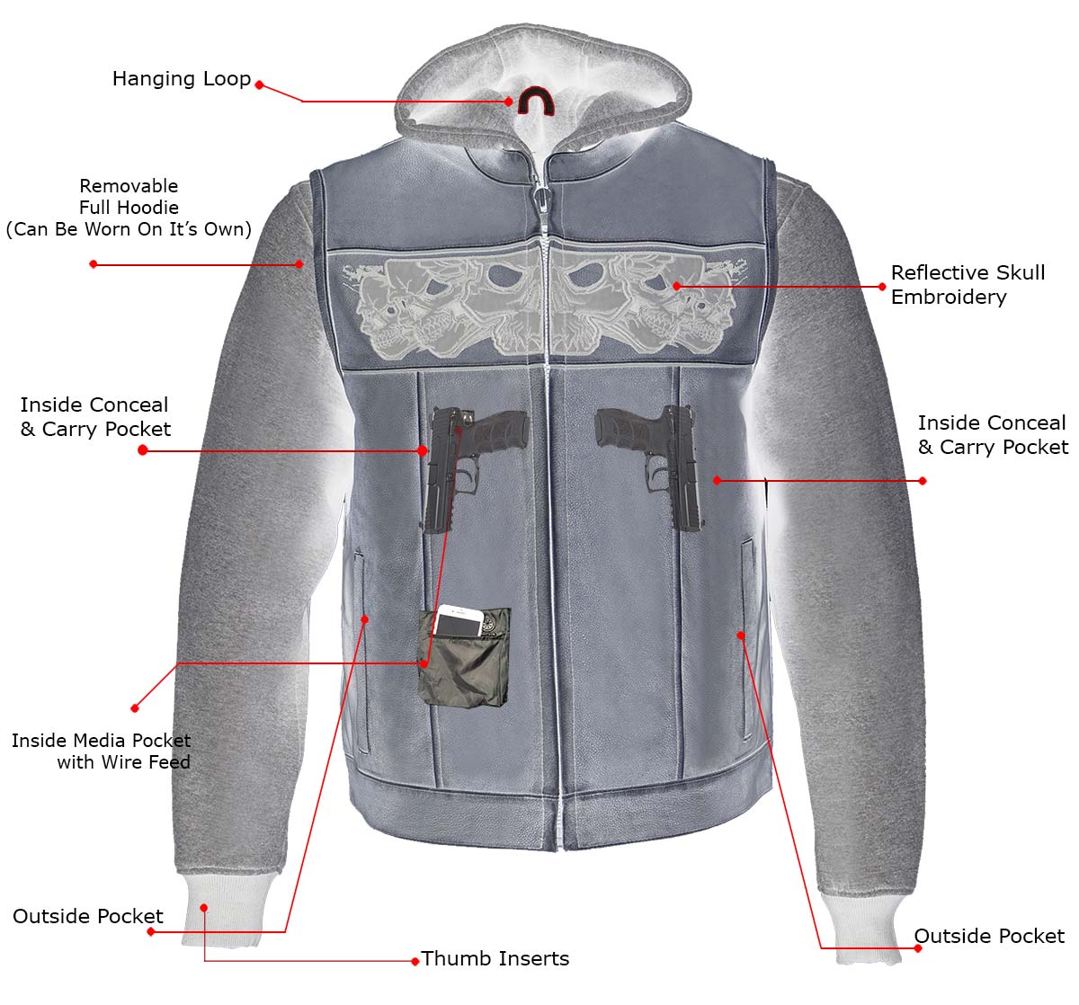 Milwaukee Leather MLM3562 Men's Hell Raiser 2 in 1 Distress Grey Leather Vest w/ Removeable Hoodie - Reflective Skull Artwork — image 9