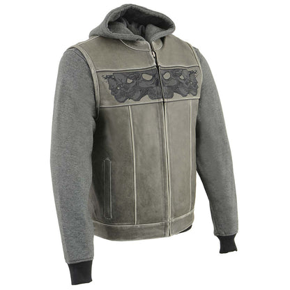 Milwaukee Leather MLM3562 Men's Hell Raiser 2 in 1 Distress Grey Leather Vest w/ Removeable Hoodie - Reflective Skull Artwork — image 1