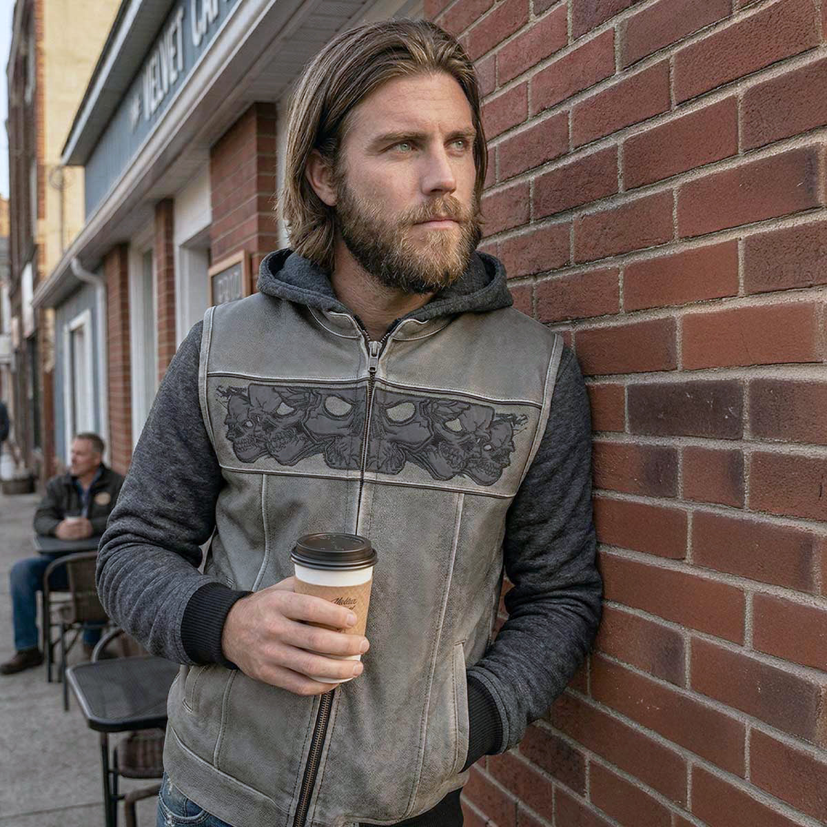 Milwaukee Leather MLM3562 Men's Hell Raiser 2 in 1 Distress Grey Leather Vest w/ Removeable Hoodie - Reflective Skull Artwork — image 2