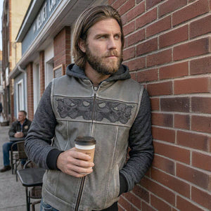 Milwaukee Leather MLM3562 Men's Hell Raiser 2 in 1 Distress Grey Leather Vest w/ Removeable Hoodie - Reflective Skull Artwork — image 2