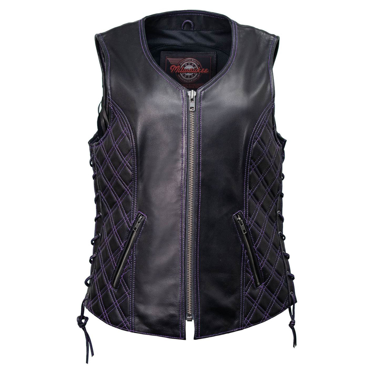 MMCC Women's Low Key Black Purple Leather Motorcycle Vest - MMC40006 - image 13