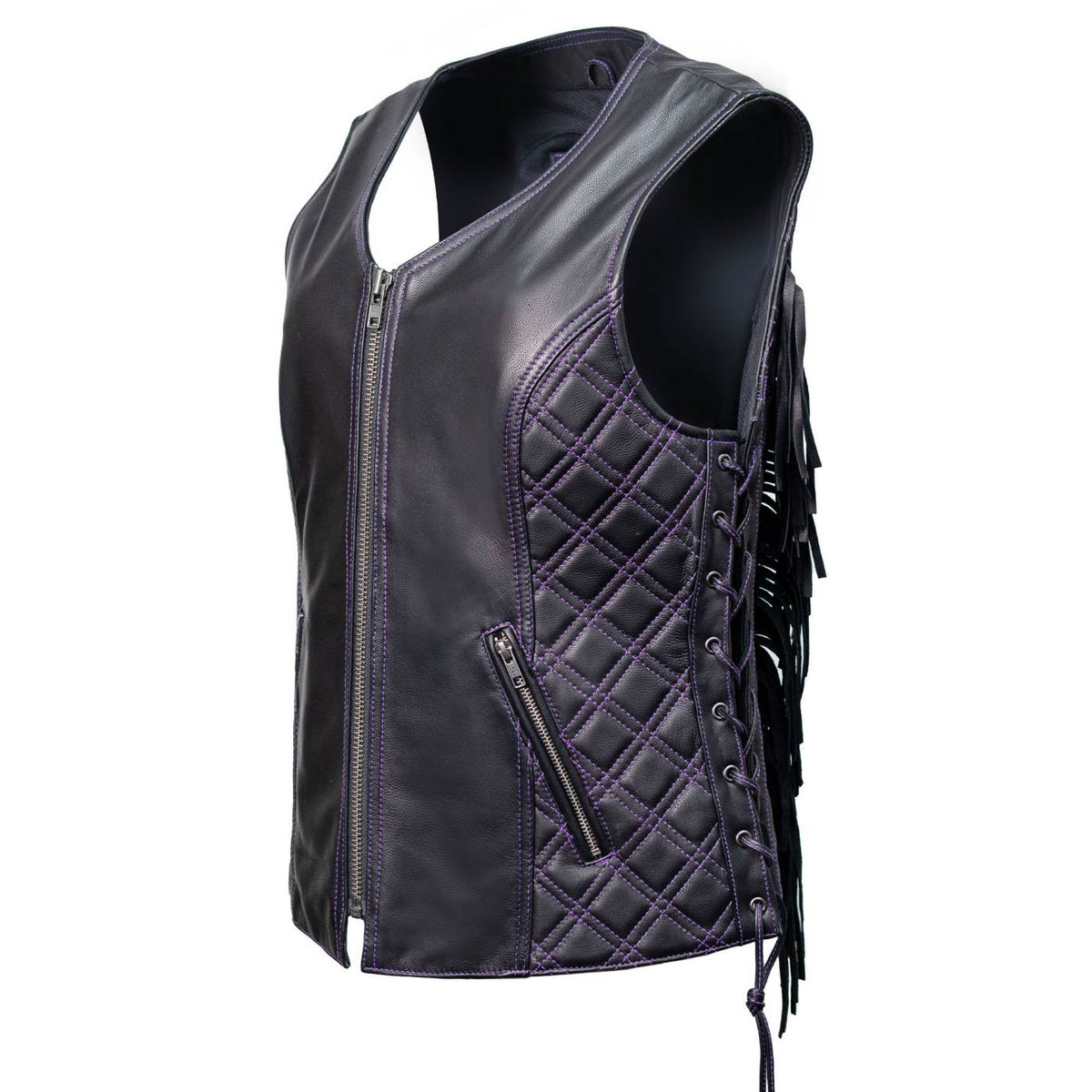MMCC Women's Low Key Black Purple Leather Motorcycle Vest - MMC40006 - image 12