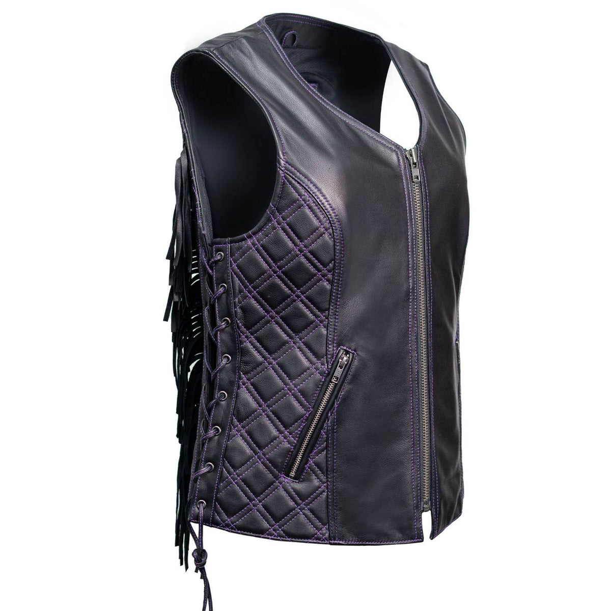 MMCC Women's Low Key Black Purple Leather Motorcycle Vest - MMC40006 - image 14
