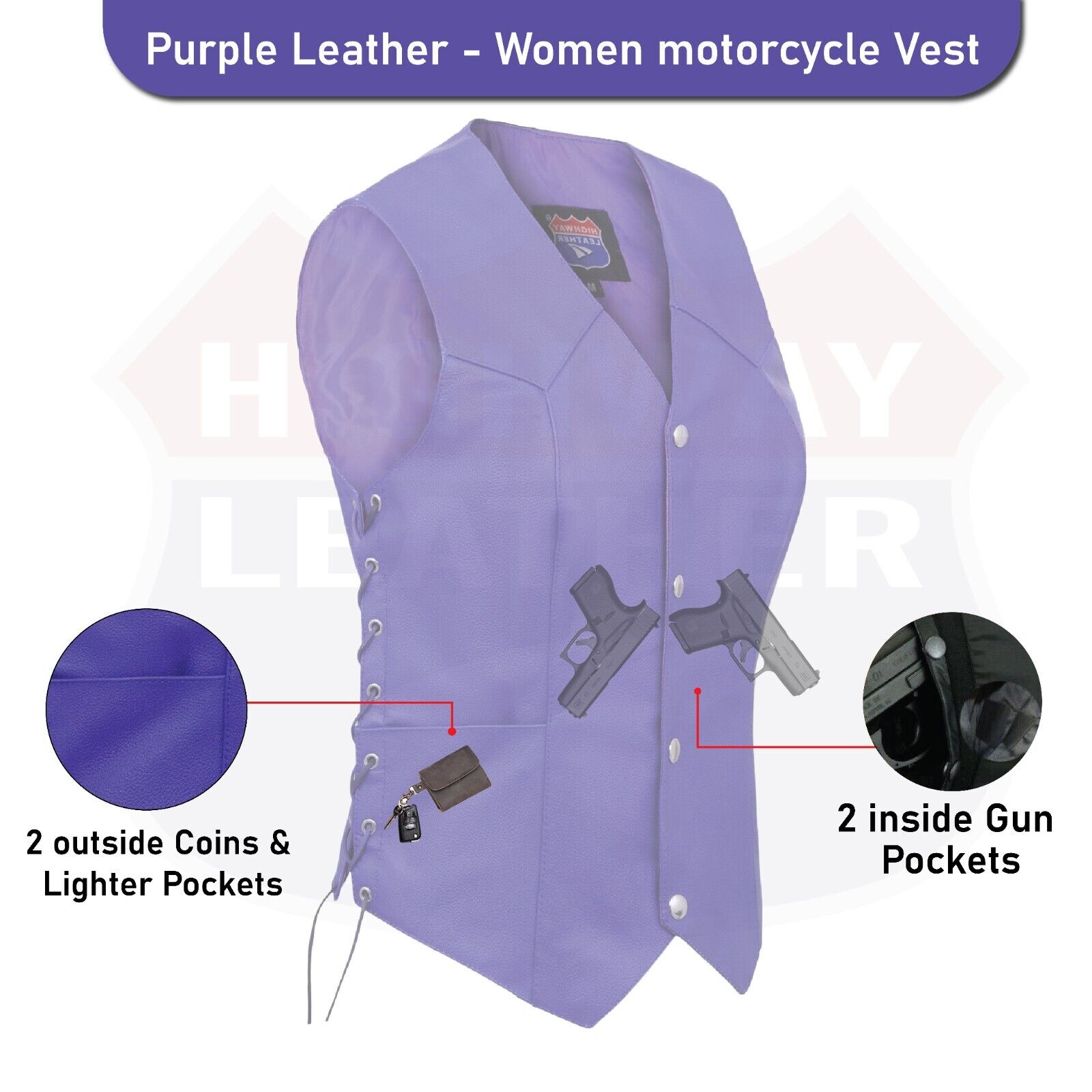 Royal Purple lace up side Leather Vest for Motorcycle clubs - HighwayLeather