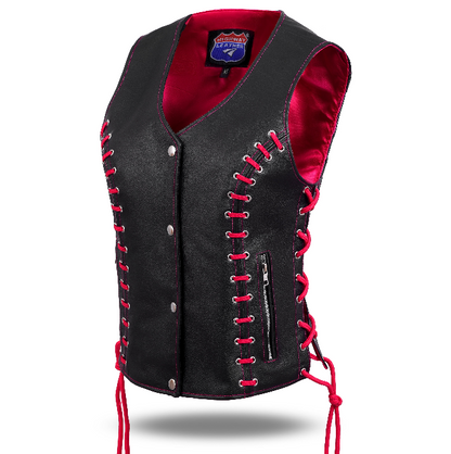 HL14859HOTPINKEYELET WOMEN SIDE LACE VEST  M/O BUFFALO LEATHER BLK