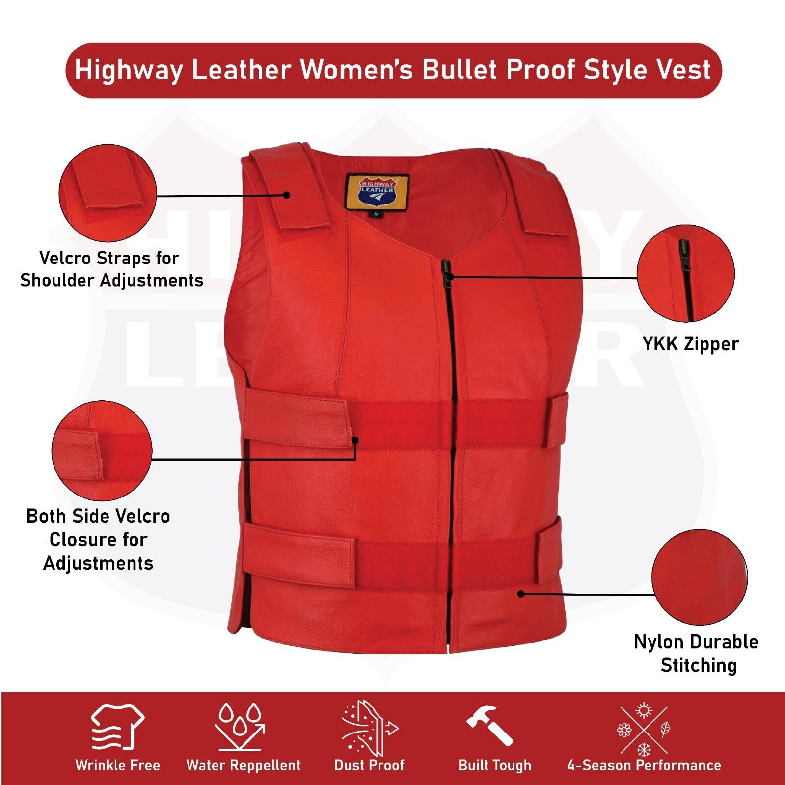 Ladies red bulletproof style leather vest - Police vest Shade # 22 - HighwayLeather