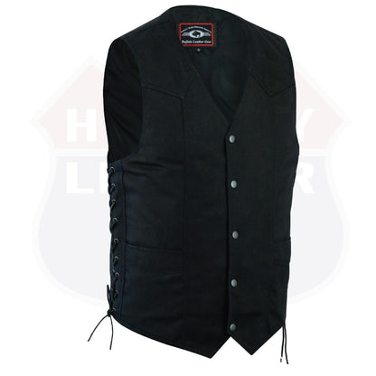 HL21614BLACK DENIM Men's Classic Denim Vest Motorcycle Easy Biker Patch Sewing, Side Lacing Western Cut - HighwayLeather