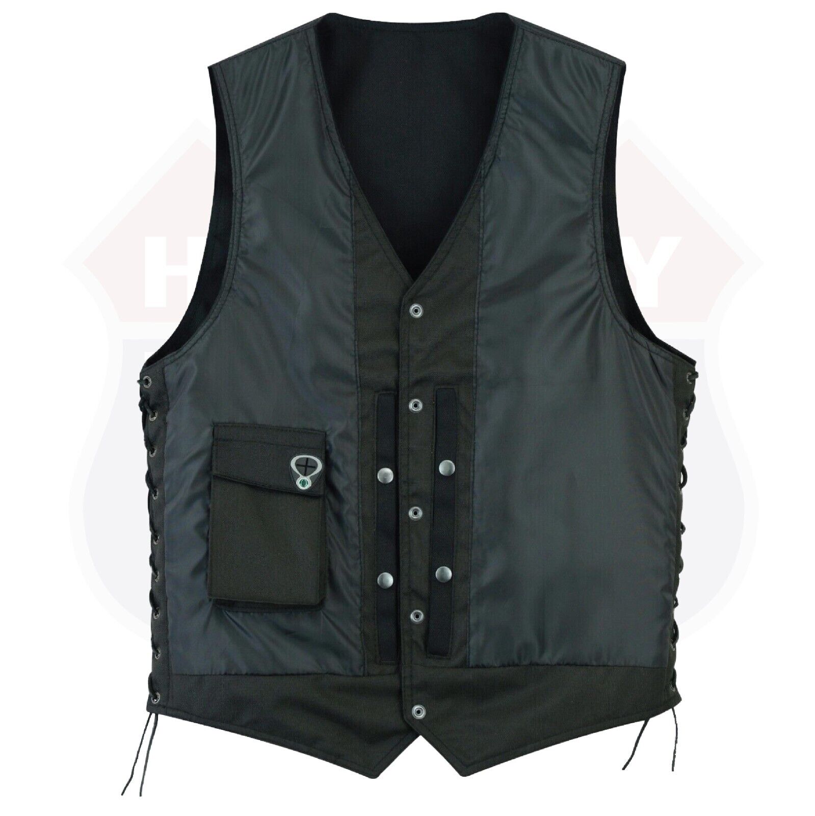 HL21614BLACK DENIM Men's Classic Denim Vest Motorcycle Easy Biker Patch Sewing, Side Lacing Western Cut - HighwayLeather