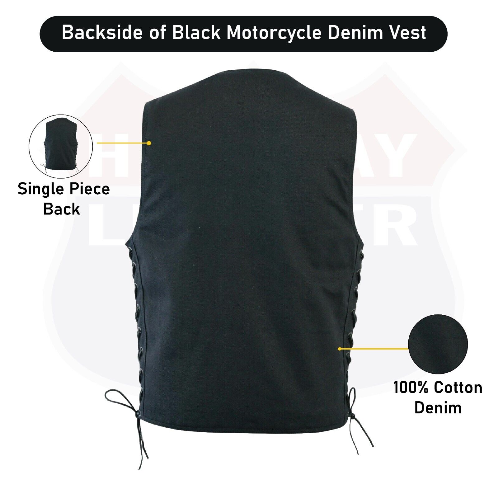 HL21614BLACK DENIM Men's Classic Denim Vest Motorcycle Easy Biker Patch Sewing, Side Lacing Western Cut - HighwayLeather