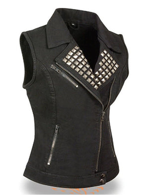 Ladies Zipper Front Black Denim Vest with Studded Spikes
