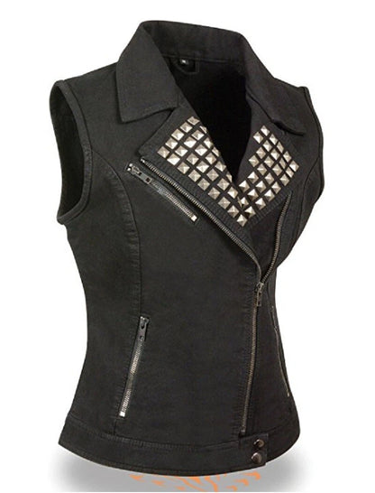 Ladies Zipper Front Black Denim Vest with Studded Spikes