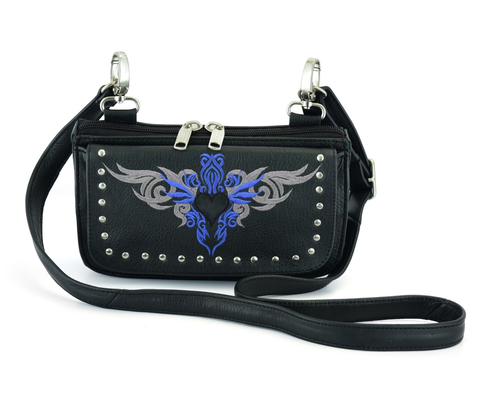 BLUE HL80156BLUE HipClip pouch tribal Heart Leather Bag Women Waist Bag Fanny Pack Motorcycle Biker Blue Embroidery - HighwayLeather