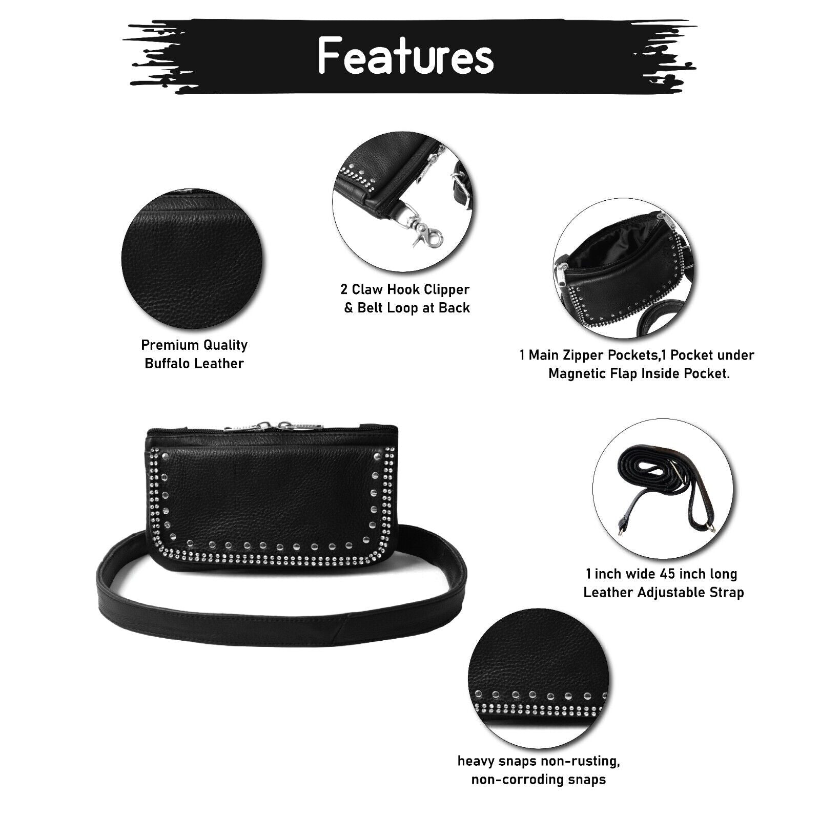 Leather Hip Clip Purse Bag Women Waist Bag Fanny Pack Motorcycle Biker BLING - HighwayLeather