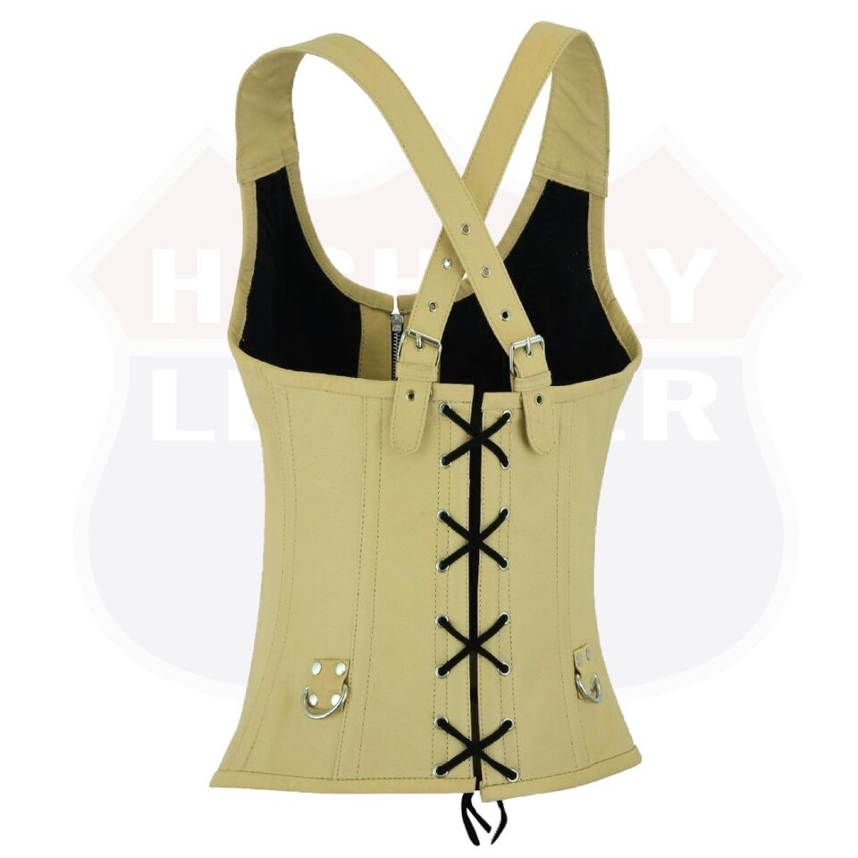 HL14077TAN TAN Corset Real Leather Steel Boned Strap Lacing Bustier - HighwayLeather