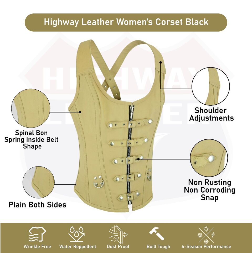 HL14077TAN TAN Corset Real Leather Steel Boned Strap Lacing Bustier - HighwayLeather