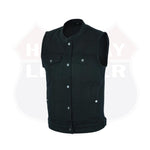 HL21688BLACK Men SOA Denim Black Vest Club Cut Outlaw Anarchist mc Biker Vest - HighwayLeather