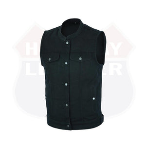 HL21688BLACK Men SOA Denim Black Vest Club Cut Outlaw Anarchist mc Biker Vest - HighwayLeather