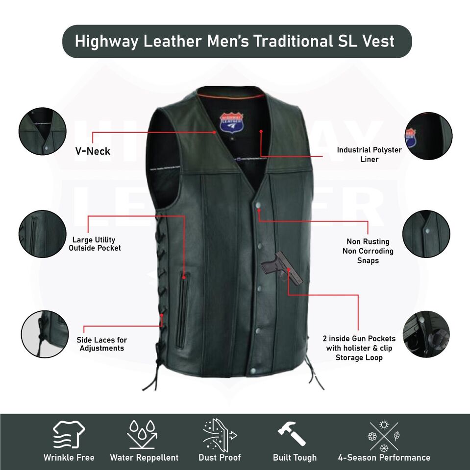 BLACK HL2611NKD Straight bottom Gun pocket leather vest - HighwayLeather