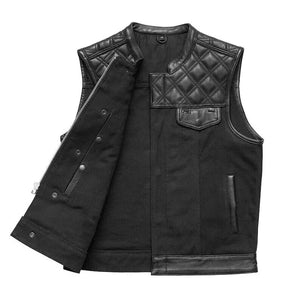 1/2 Black HL21664HFBLACK Men Cross Stitch Half Leather Half Canvas Club Motorcycle Vest