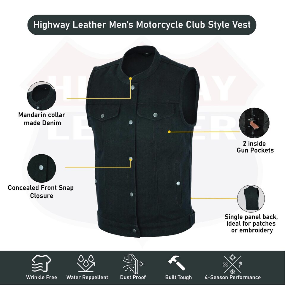 HL21688BLACK Men SOA Denim Black Vest Club Cut Outlaw Anarchist mc Biker Vest - HighwayLeather