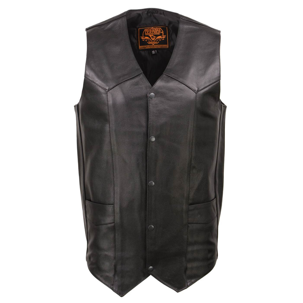 Milwaukee Leather SH1310Tall Men's Black Leather Classic V-Neck Motorcycle Rider Vest w/ Snap Button Closure