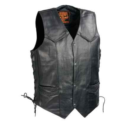 Milwaukee Leather SH1314 Men's Classic Black Braided Leather Vest with Side Laces — image 1