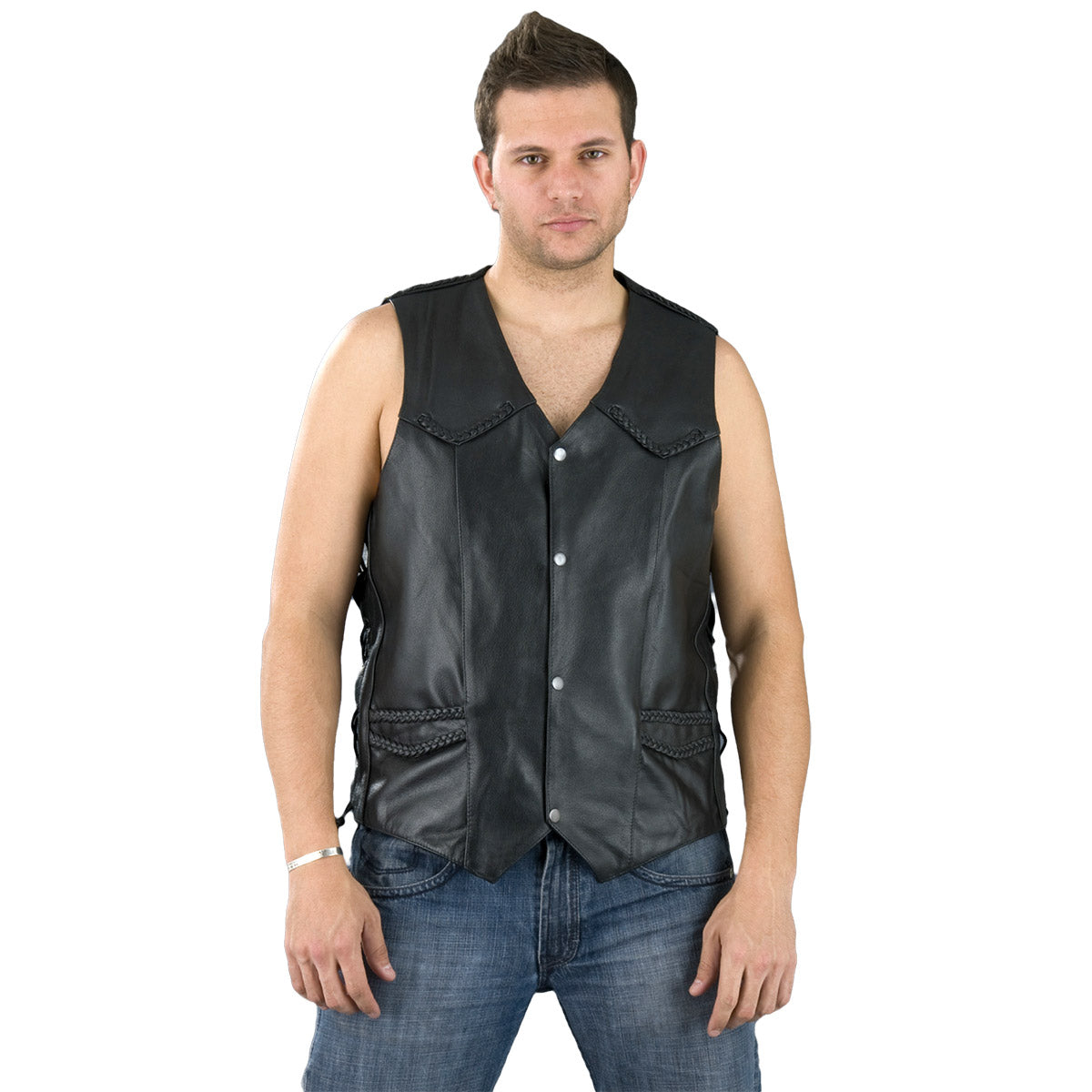 Milwaukee Leather SH1314TALL Men's Classic Black Braided Leather Vest with Side Laces — image 1