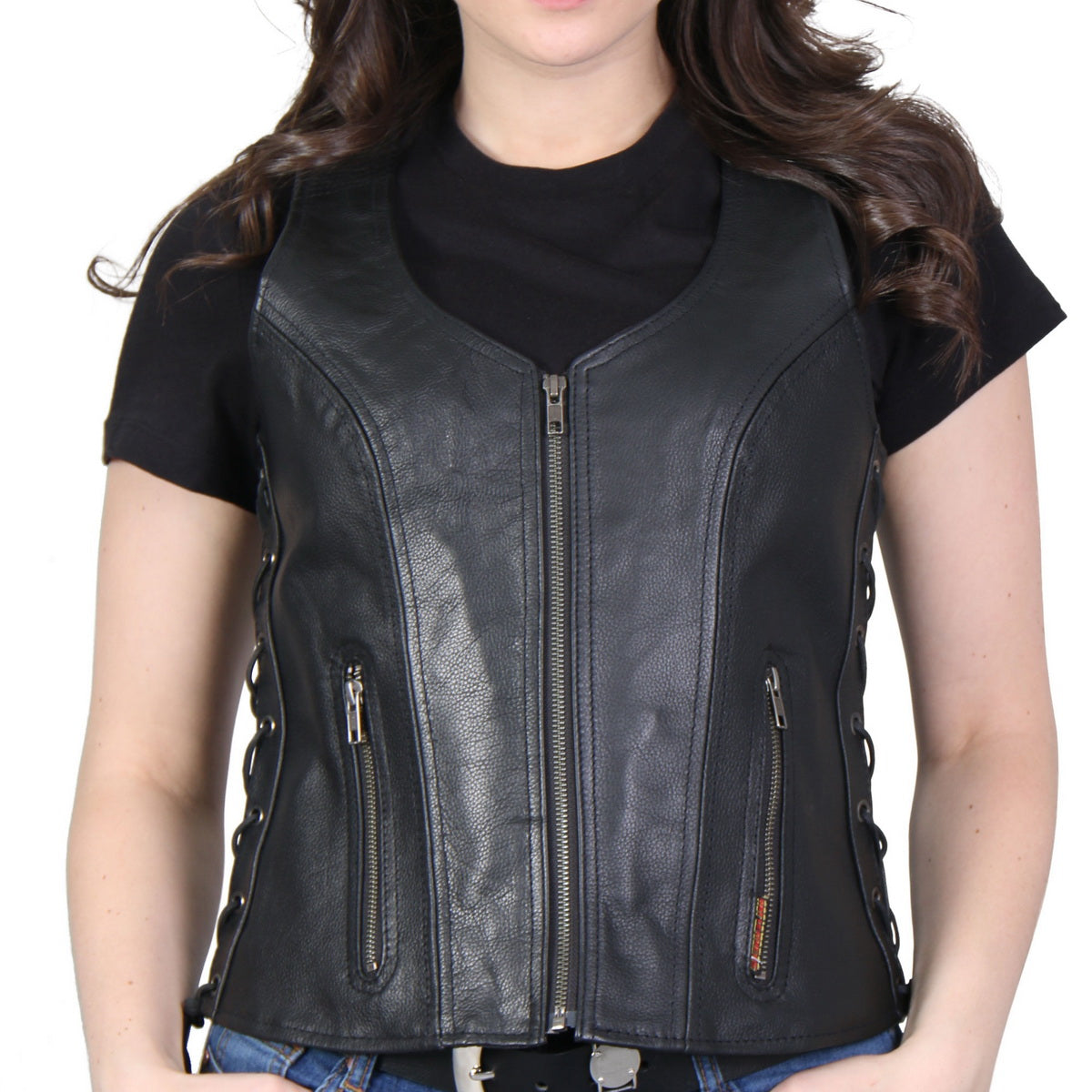 Hot Leathers VSL1013 Women's Black Leather Side Lace Zip-Up Vest - image 5