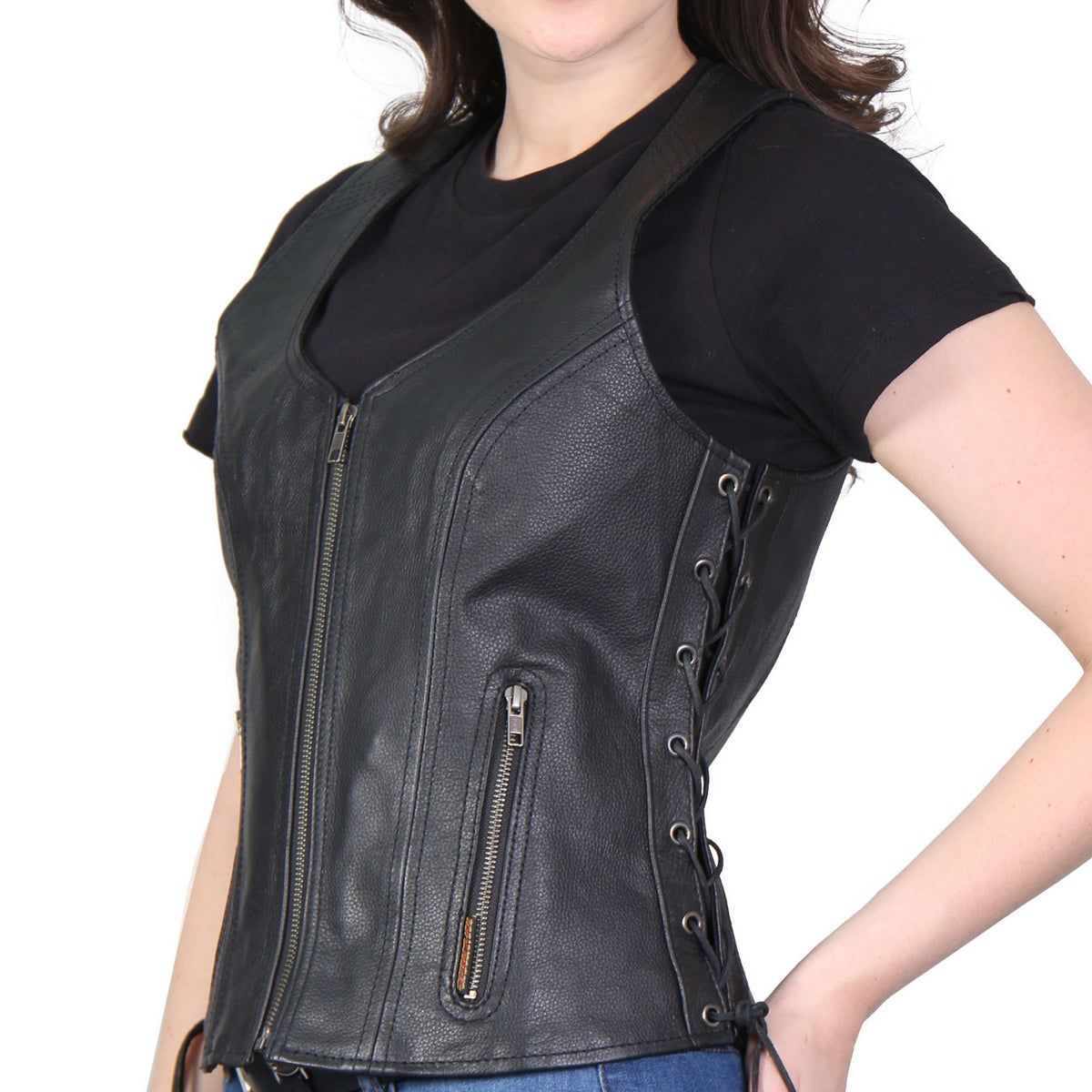 Hot Leathers VSL1013 Women's Black Leather Side Lace Zip-Up Vest - image 1