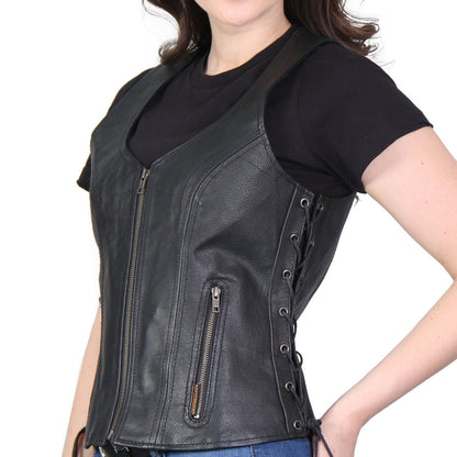 Hot Leathers VSL1013 Women's Black Leather Side Lace Zip-Up Vest - image 1
