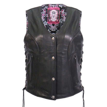 Hot Leathers VSL1017 Women's 'Sugar Skull' Lined Black Leather MC Vest - image 1