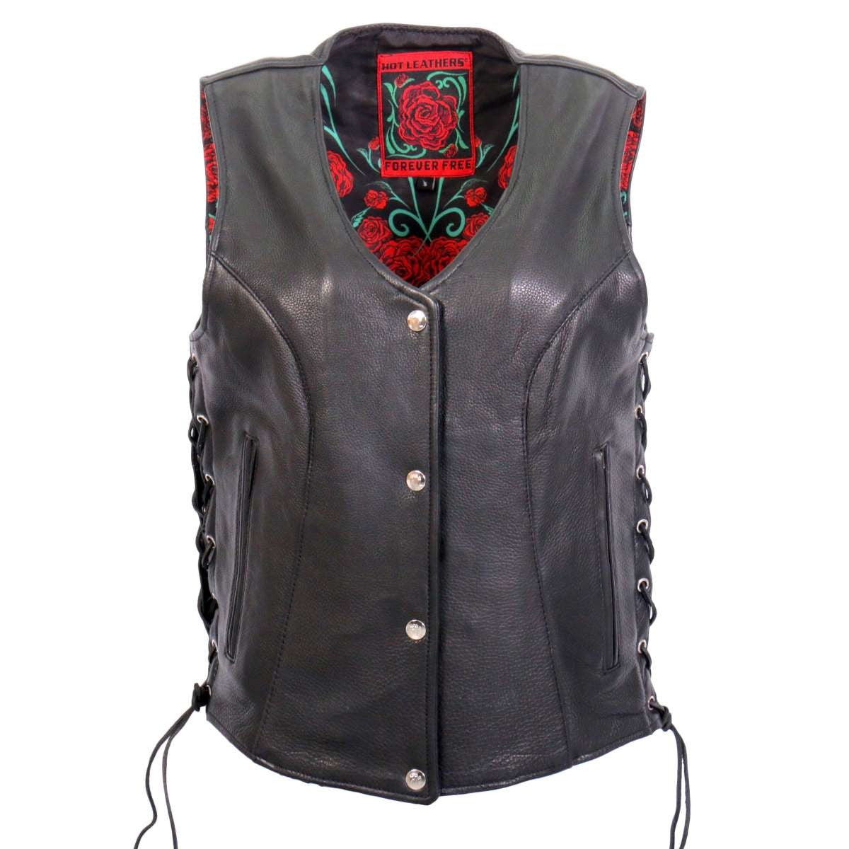 Hot Leathers VSL1019 Women's 'Red Rose' Lined Black Leather MC Vest - image 1