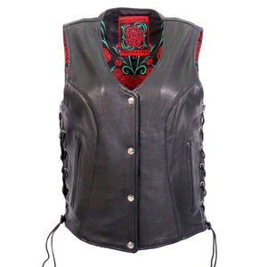Hot Leathers VSL1019 Women's 'Red Rose' Lined Black Leather MC Vest - image 1