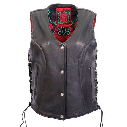 Hot Leathers VSL1019 Women's 'Red Rose' Lined Black Leather MC Vest - image 1