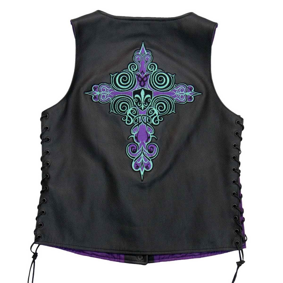 Hot Leathers VSL2001 Women's Black 'Fleur De Lis Cross' Leather Vest - image 1
