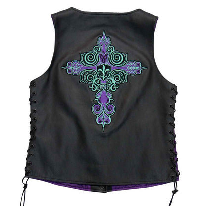 Hot Leathers VSL2001 Women's Black 'Fleur De Lis Cross' Leather Vest - image 1