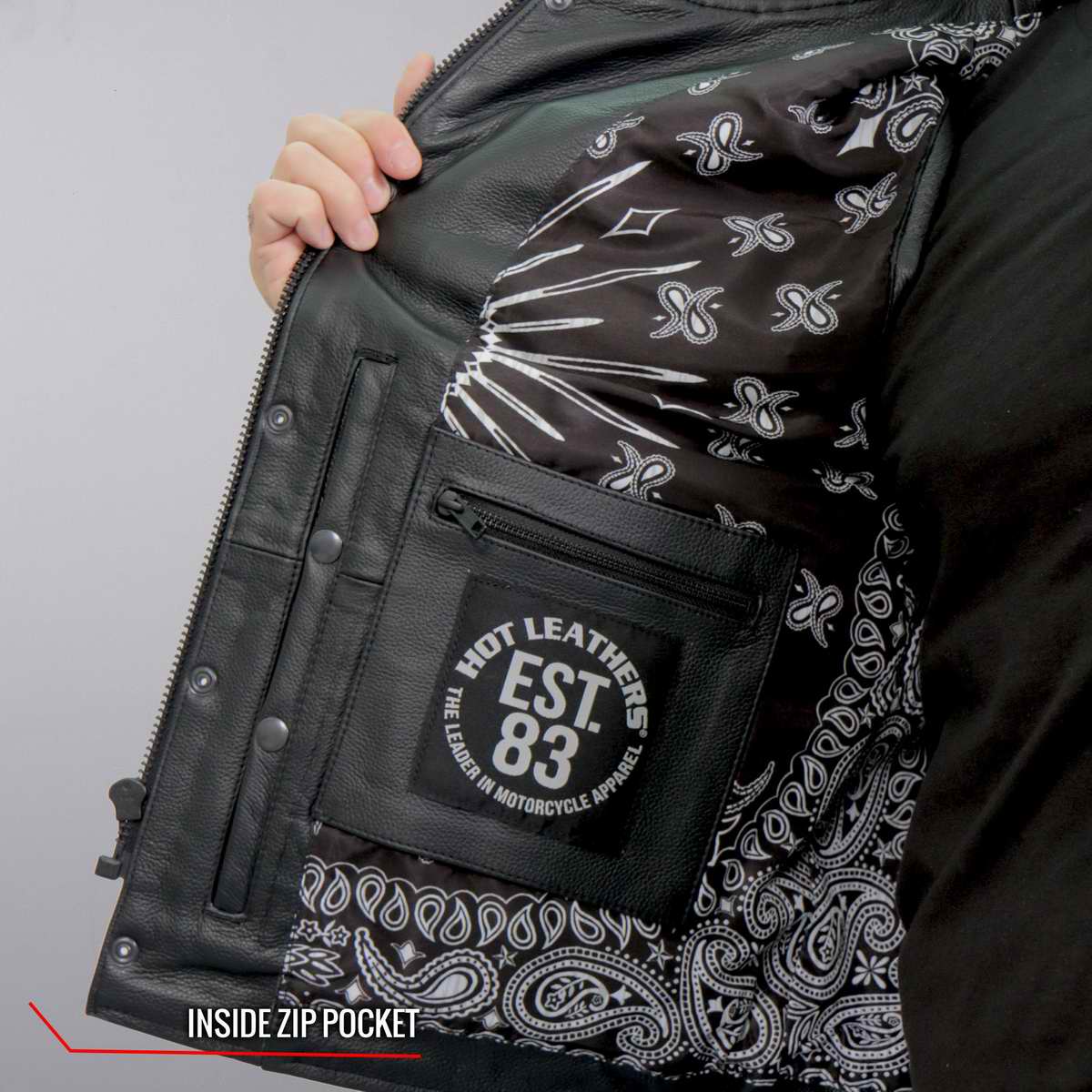 Hot Leathers VSM1049 Men's Black Paisley Conceal and Carry Motorcycle Club Style Leather Vest — image 9