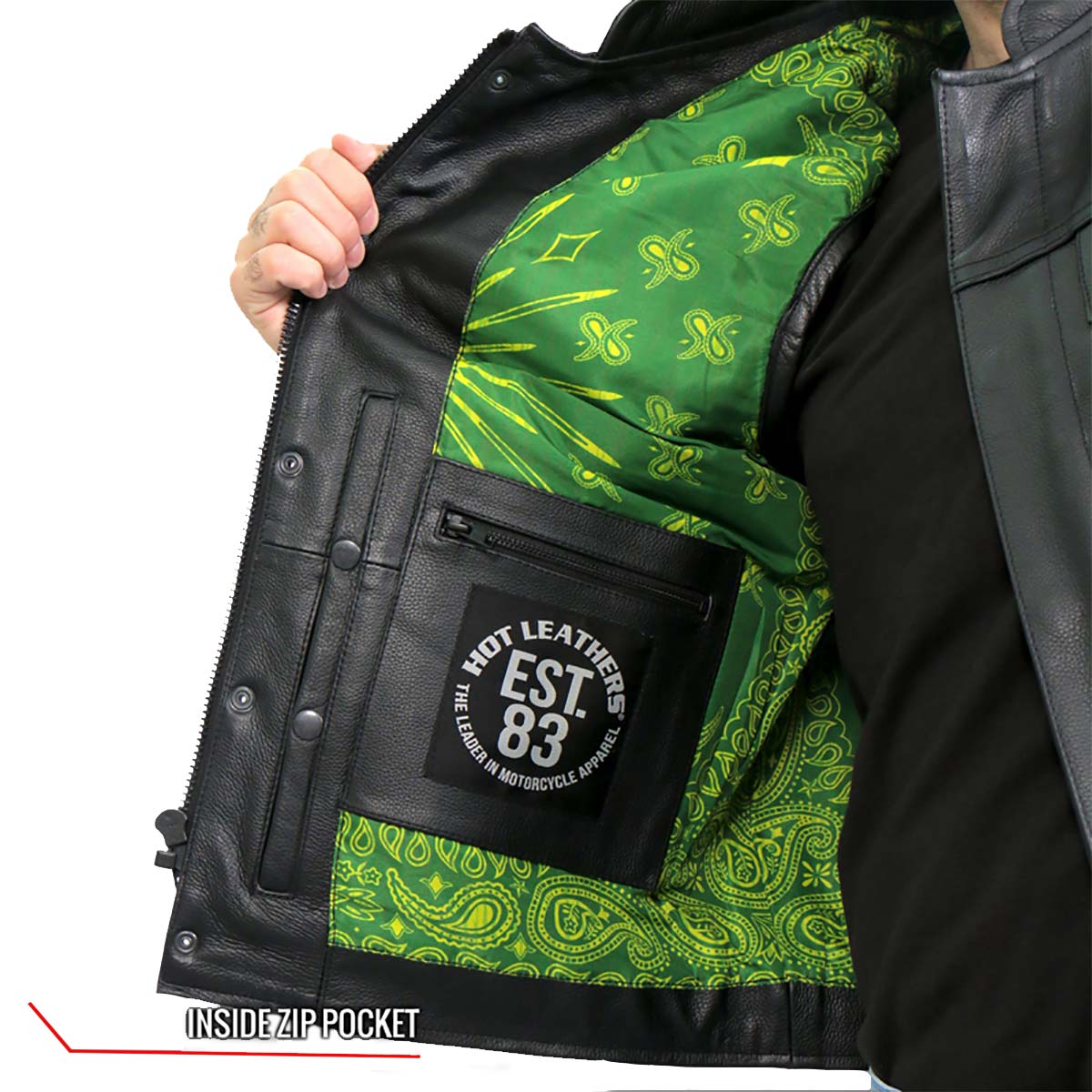 Hot Leathers VSM1050 Men’s Black Paisley Green Conceal and Carry Leather Vest — image 5