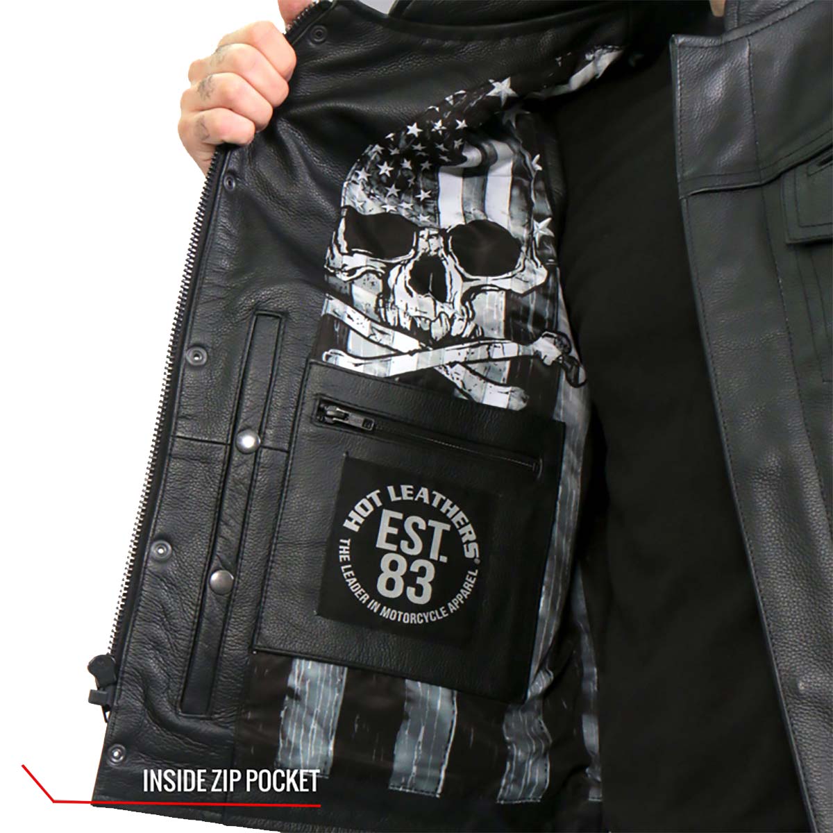 Hot Leathers VSM1054 Men’s Black Skull Flag Conceal and Carry Leather Vest — image 6