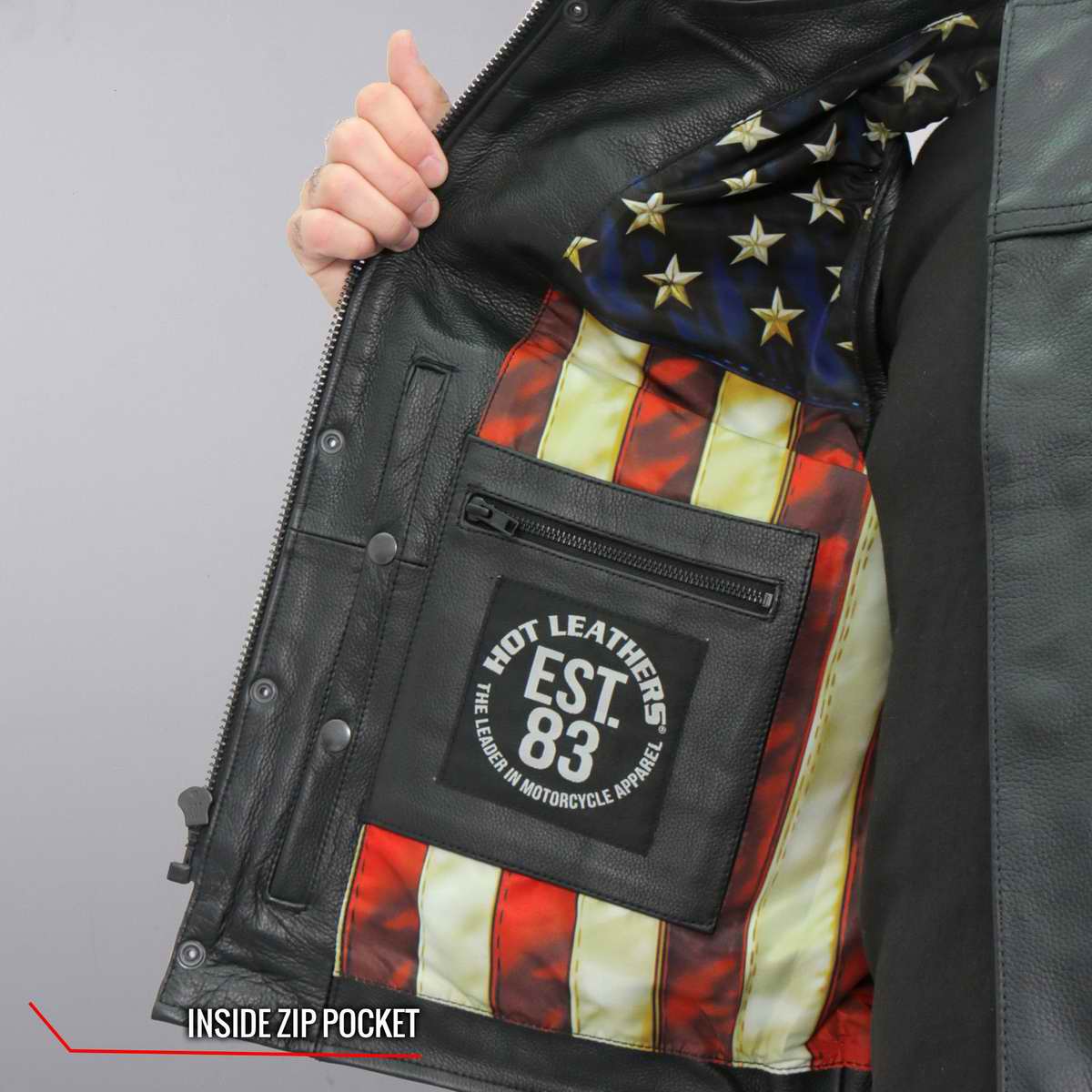 Hot Leathers VSM1056 Men's Black Vintage USA Flag Conceal and Carry Leather Vest — image 7