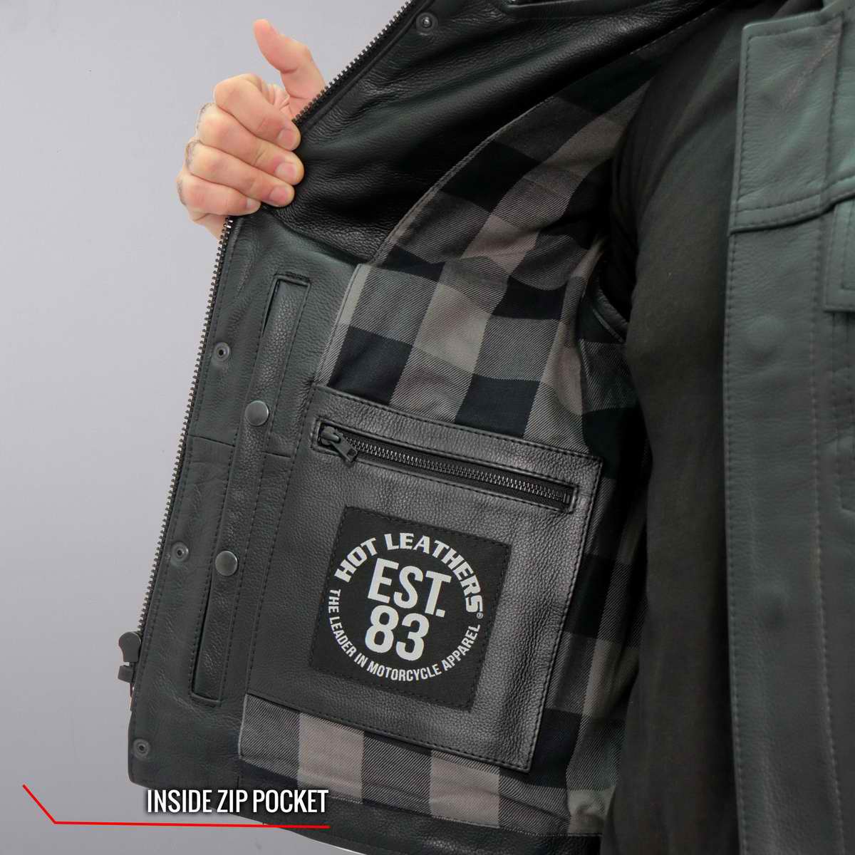 Hot Leathers VSM1059 Men's Black Flannel Grey Conceal and Carry Leather Vest — image 7