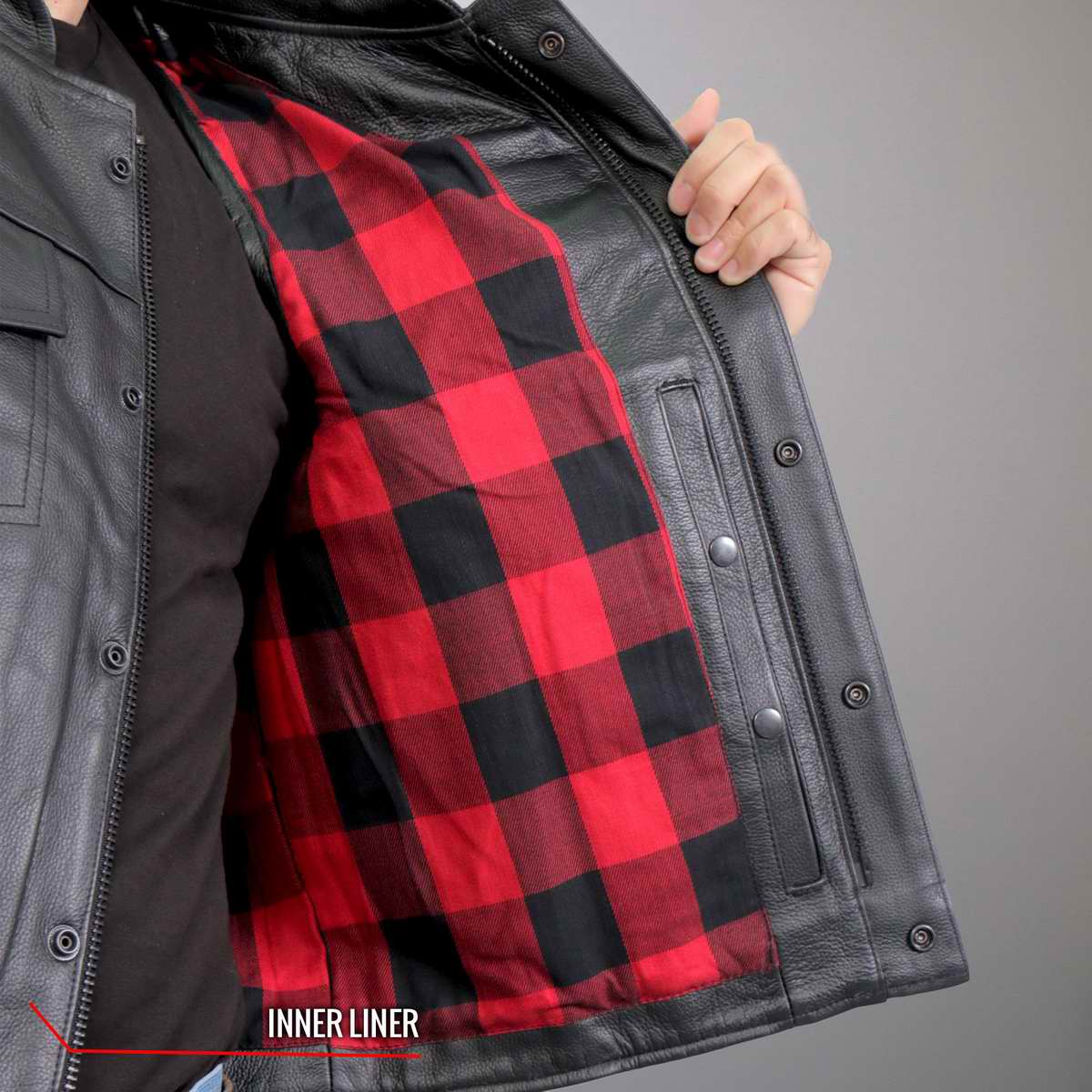 Hot Leathers VSM1060 Men's Black Flannel Red Conceal and Carry Leather Vest — image 8