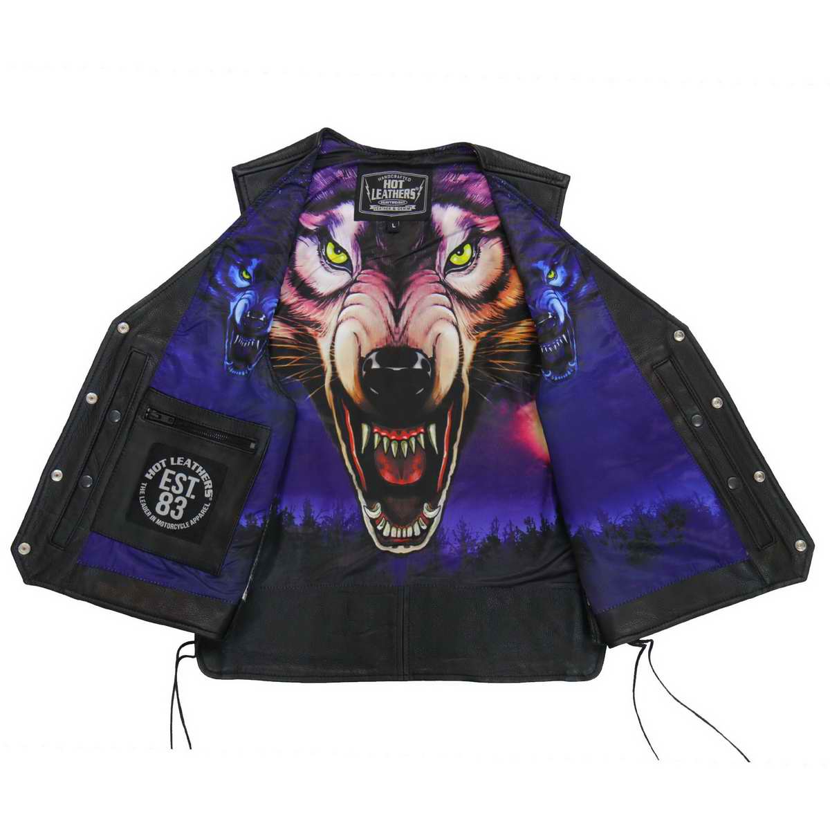 Hot Leathers VSM1062 Men's Black Lone Wolf Conceal and Carry Side Lace Leather Vest — image 4
