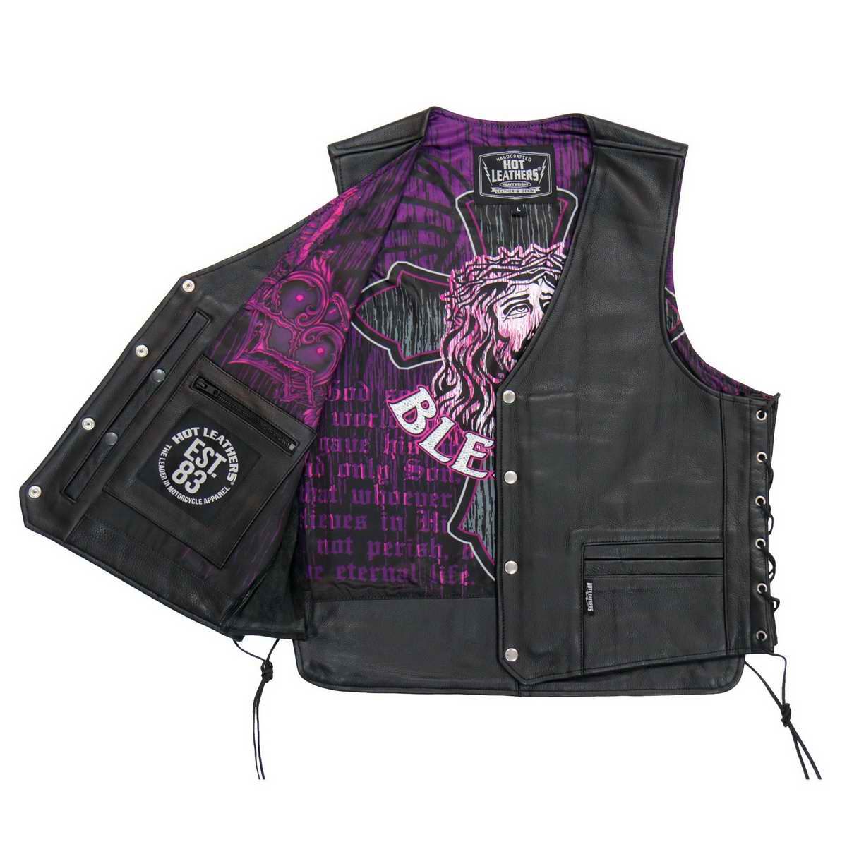 Hot Leathers VSM1063 Men's Black 'Blessed' Conceal and Carry Side Lace Leather Vest — image 2