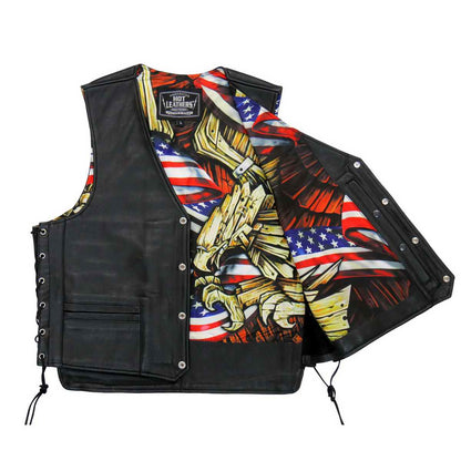 Hot Leathers VSM1065 Men's Black Wooded Eagle Conceal and Carry Side Lace Leather Vest — image 1